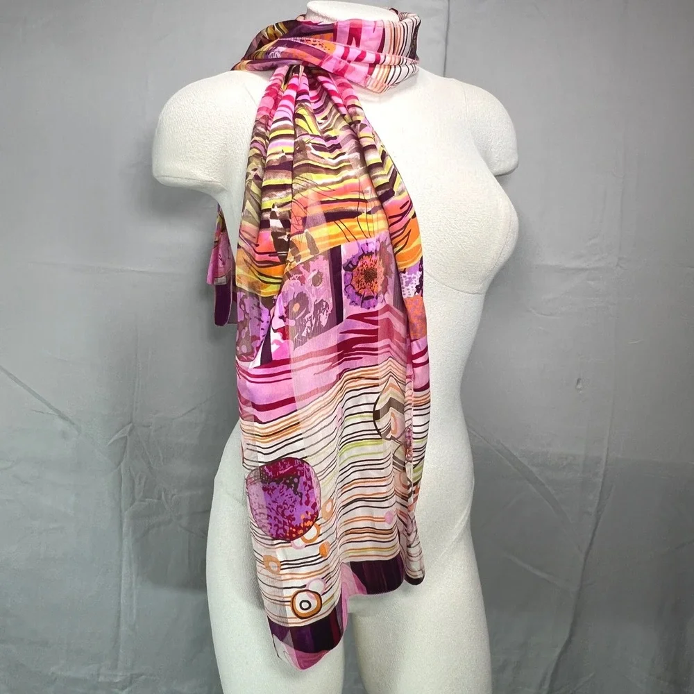 Silk Scarf Made in France Abstract Floral Print Pink Chic Eclectic Y2K Colorful - Picture 3 of 13